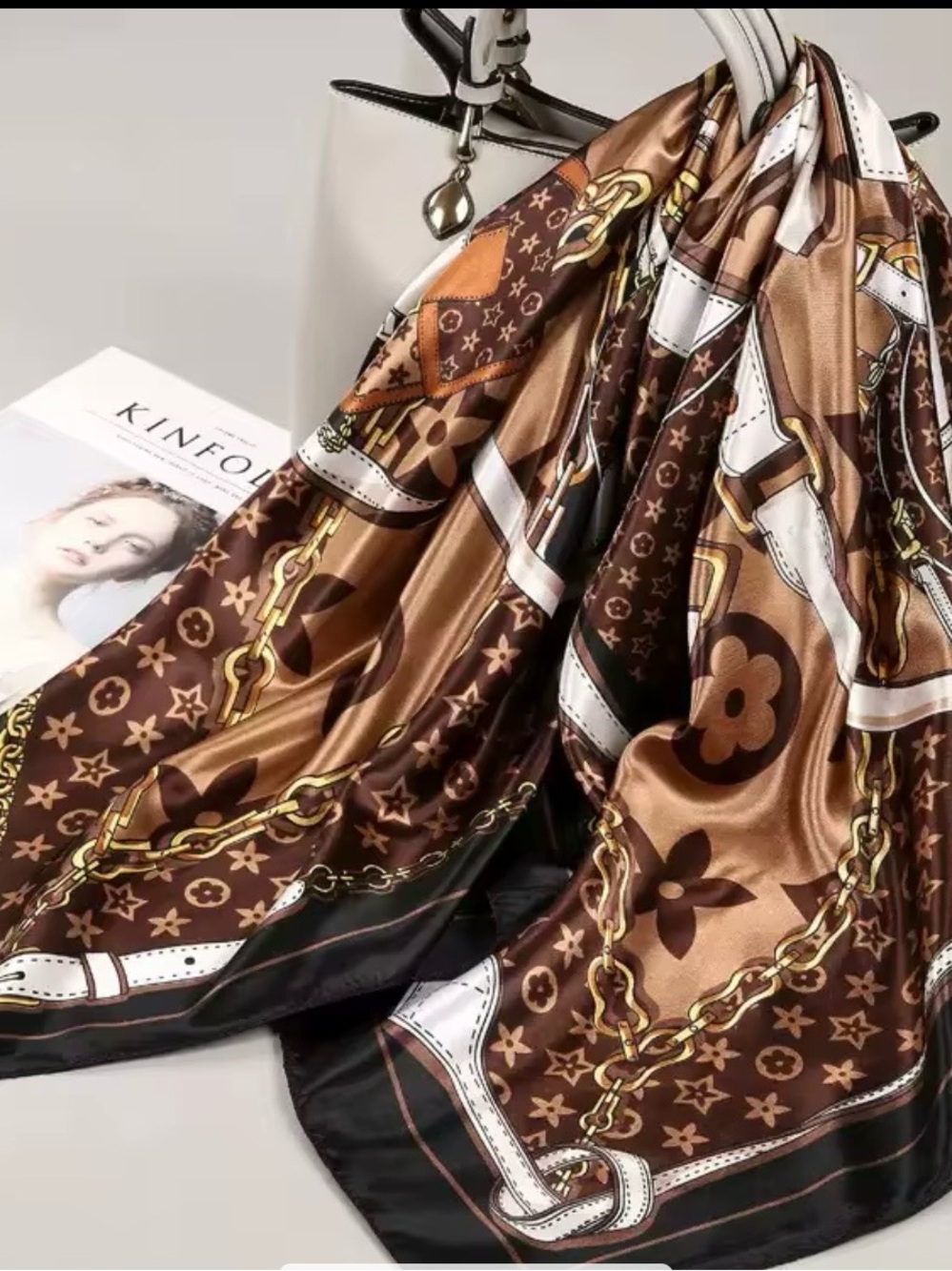 Designer-Inspired Brown Satin Chain & Monogram Scarf - Women Accessories